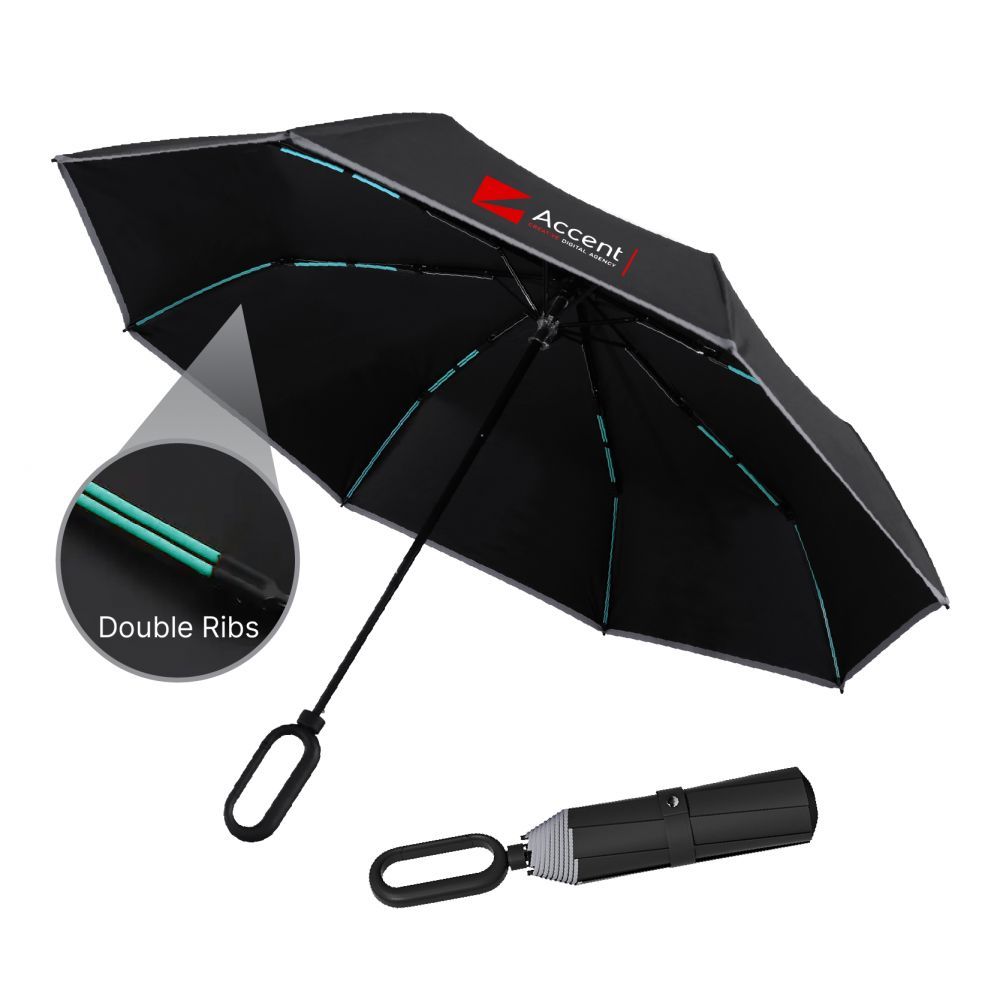 Open black foldable umbrella with teal double ribs, shown with a ribs callout, its handle and sleeve, printed with a logo